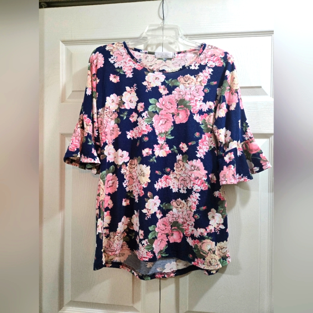 SIGN HERE Floral Navy Top with Pink Accents